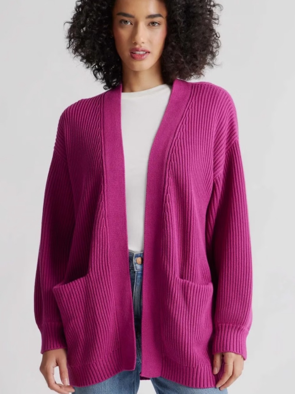Quince Organic Cotton Oversized Cardigan Pink Shaker Stitch Open Front